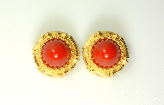 Vintage Kenneth Jay Lane Gold Carnelian Cabochon … - image 2