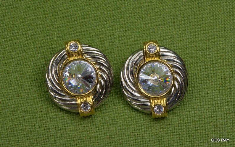 Couture Silver Gold Earrings Clips Dome Crystal Designer Jewelry