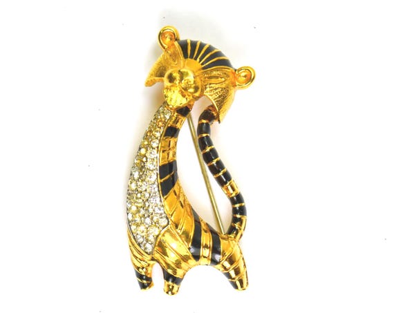 Vintage Wild Cat Brooch Pin Leopard Jaguar Gold Black Enamel Sphinx Signed