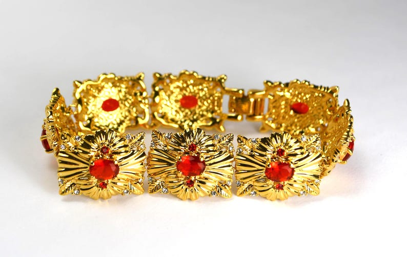 Camrose and Kross Jacqueline Kennedy Bracelet JBK Faux Ruby Crystals Gold Tone