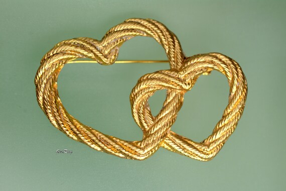 Vintage Gold Rope Knot Double Hearts Twisted Rope… - image 4