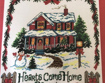Hearts come home at Christmas completed cross stitch