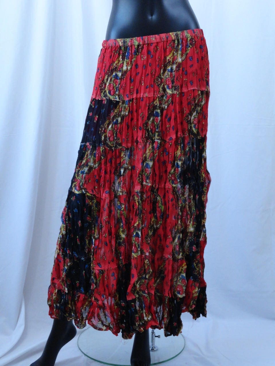 Indian Long Crushed Red and Black Skirt. Crinkled Hippie - Etsy Canada