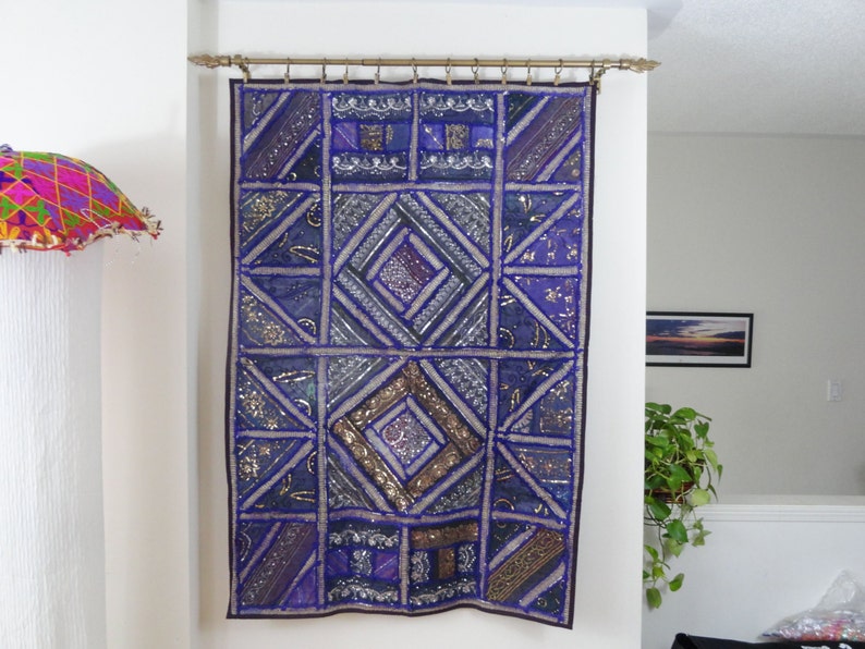 Rustic Wall Hanging From India. Purple Strokes Ethnic Wall Tapestry