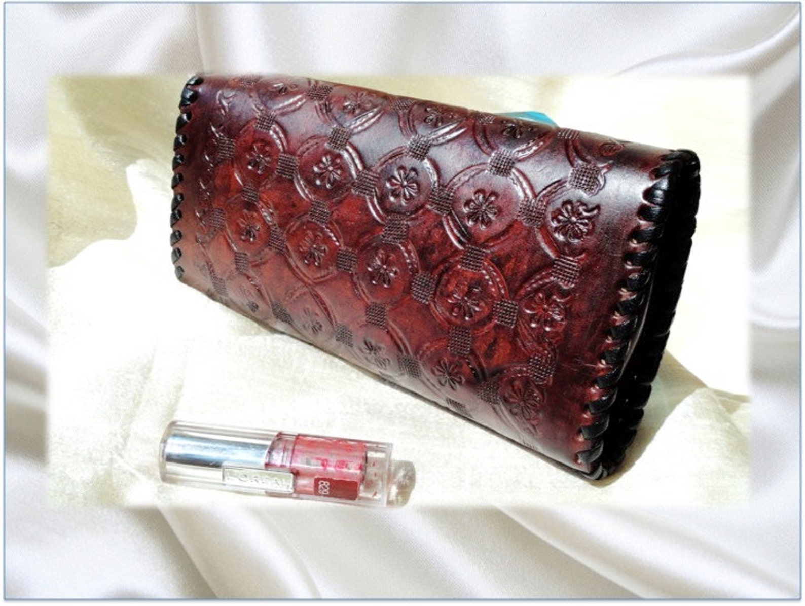 Burgundy Indian Leather Clutch Purse.dark Cherry Brown Leather Handbag