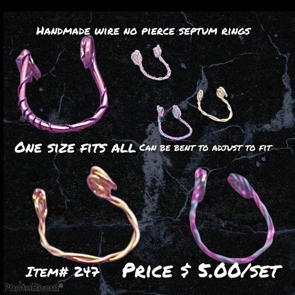 Set of 3 handmade twisted wire no pierce septum rings