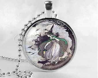 vintage halloween necklace art deco witch vintage witch witch necklace witch black cat bats glass art necklace halloween jewelry