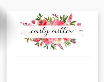 Personalized Notepad, Custom Peony Notepad, Writing Pad, Floral Notepad, Peony Floral Notepad + Elegant Calligraphy Swash Script