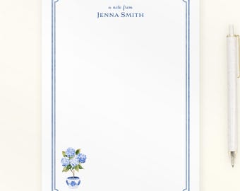 Personalized Blue Hydrangea Notepad, Floral Desk Pad, Grandmillennial Chinoiserie Gift, Preppy Blue and White Memo Pad, Topiary