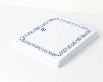Monogram Bordered Note Cards - Blue Toile Thank You Cards, Personalized Stationery Gift
