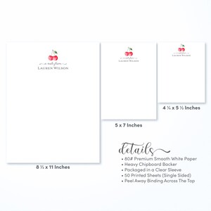 May include: A set of three personalized notepads with a cherry design. The notepads are available in three sizes: 8 1/2 x 11 inches, 5 x 7 inches, and 4 1/2 x 5 1/2 inches. The notepads are made of 80# premium smooth white paper with a heavy chipboard backer. They are packaged in a clear sleeve and include 50 printed sheets (single-sided). The notepads have a peel-away binding across the top.