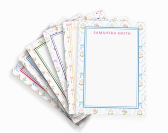 Personalized Preppy Notepad with Grandmillennial Floral Patterns and Scalloped Borders