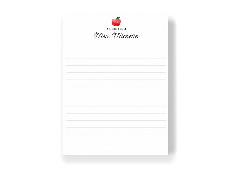 A blank lined notepad with a watercolor apple illustration on the top left corner.