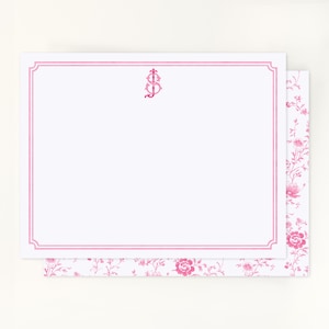 Personalized Pink Toile Monogram Note Cards – Chinoiserie Grandmillennial Stationery – Preppy Flat Cards, Gift for Her, A2 Size
