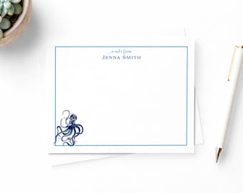 Personalized Watercolor Octopus Note Cards with Envelopes, Custom Name Coastal Stationery