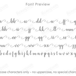 The image is a font preview featuring a variety of cursive and print font styles, including uppercase and lowercase letters, numbers, and some decorative elements. The font is designed to be used in lowercase characters, with no uppercase, no special characters, and no uppercase.