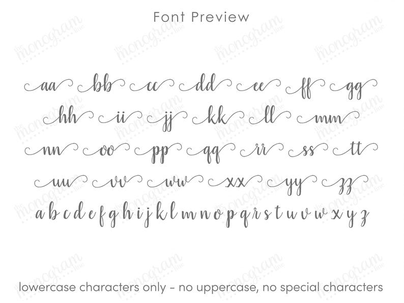 The image is a font preview featuring a variety of cursive and print font styles, including uppercase and lowercase letters, numbers, and some decorative elements. The font is designed to be used in lowercase characters, with no uppercase, no special characters, and no uppercase.