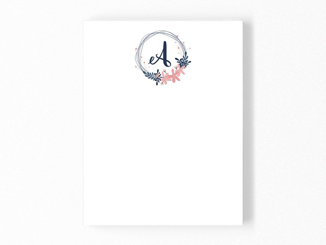 Monogrammed Notepad - Floral Wreath With an Initial - Illustrated Navy ...