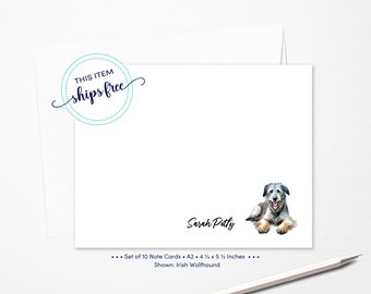 Irish Wolfhound Dog Flat Note Cards - 4.25 x 5.5 Inches, Personalized Pet Stationary Set - Custom Name Greeting Cards - Set of Notecards