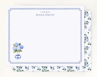 Personalized Blue Hydrangea Note Cards, Floral Stationery Set, Grandmillennial Chinoiserie Gift, Preppy Blue and White Notecards, Topiary