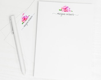Personalized Watercolor Floral Notepad, Custom Name Stationery Pad, Handmade Pink Purple Flower Memo Pad, Elegant Script Font Writing Paper