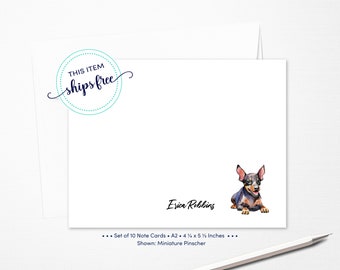 Miniature Pinscher Dog Flat Note Cards - 4.25 x 5.5 Inches, Personalized Pet Stationary Set - Custom Name Cards - Set of Notecards