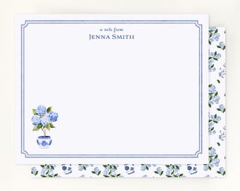 Personalized Notecard Set: Blue Hydrangea Topiary | Chinoiserie Style