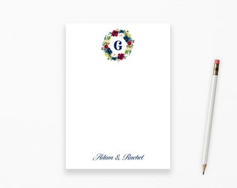 Burgundy & Blue Floral Notepad Personalized with an Initial | Monogram and Name
