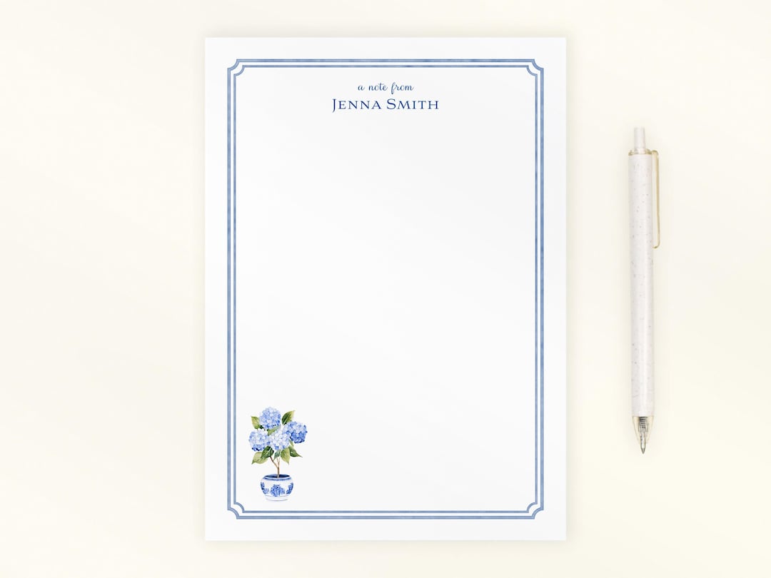 Personalized Blue Hydrangea Notepad, Floral Desk Pad, Grandmillennial ...