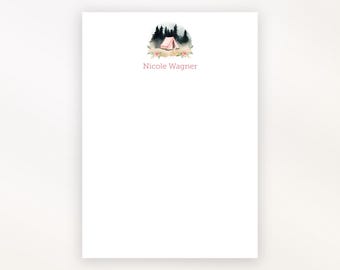 Personalized Camp Notepad: Pink Tent Forest Design, Custom Stationery