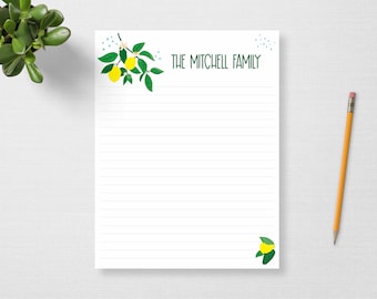 Personalized Notepad or Notecards | Botanical Hand Drawn Yellow Lemons and Leaves | Personalised with Custom Family/Surname in Green [2HDL]