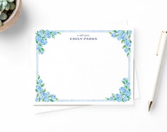 Personalized Blue Hydrangeas Note Cards, A2 Flat Hydrangea Stationery Set with Envelopes