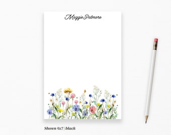 Personalized Floral Meadow Notepad, Floral Wildflowers in Aquarelle, Boho Garden Stationery with Personalization in an Elegant Cursive Style