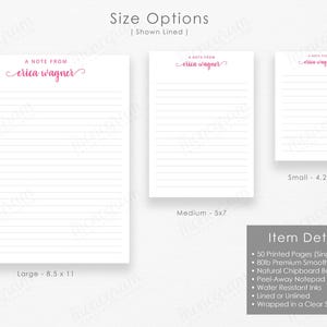 three different sizes of lined paper pads, each with a note from a different person.