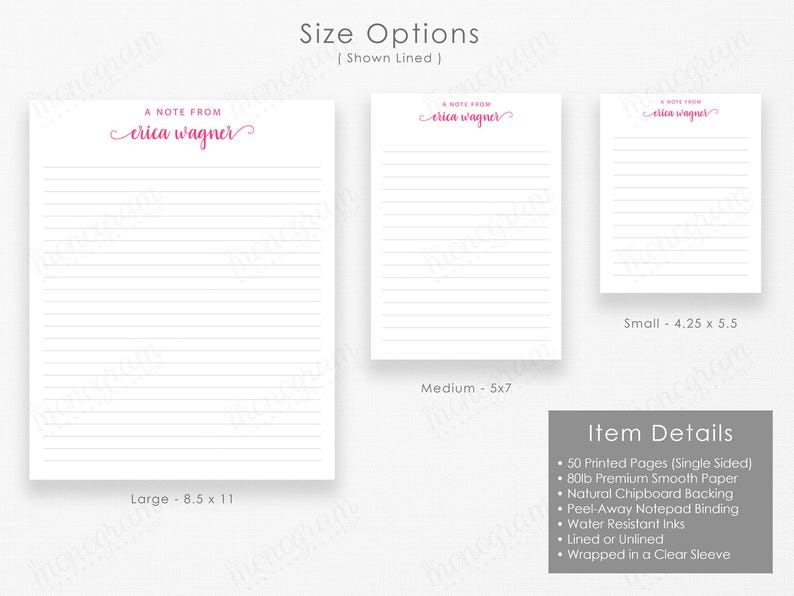 three different sizes of lined paper pads, each with a note from a different person.