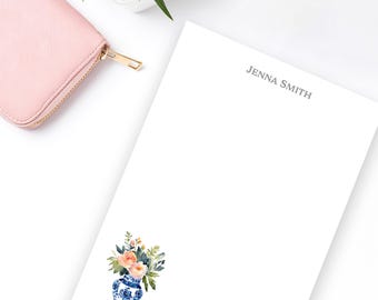 Personalized Blue Chinoiserie Notepad | Ginger Jar + Pink Peony Floral Stationary | Elegant Gift for Mom or Friends