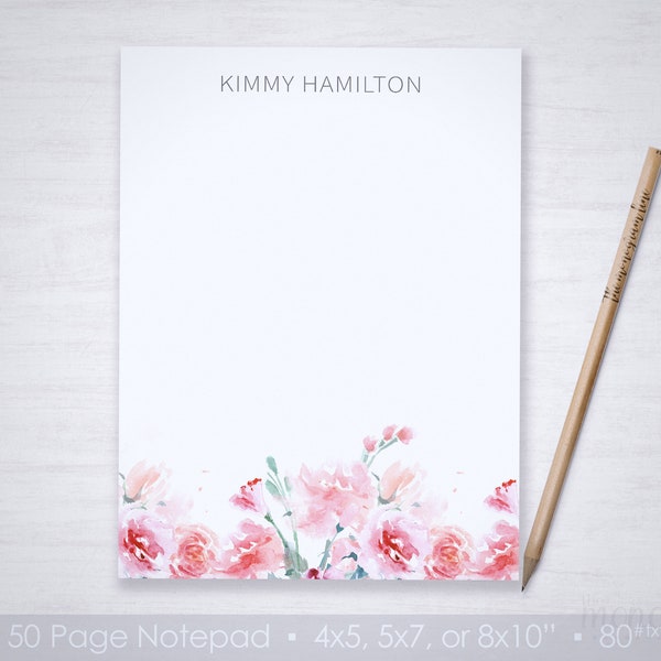 Notepad - Pink Floral Drop - Expressive Watercolor Roses - Elegant Gift for Her - Spring Flowers - Garden Party - Writing Pad