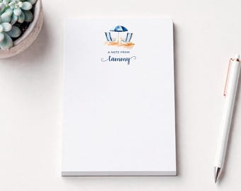 Personalized Notepad with Beach Chairs Design, Custom Coastal Stationery