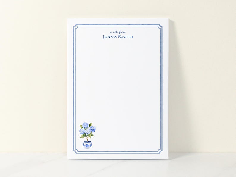 Personalized Blue Hydrangea Notepad, Floral Desk Pad, Grandmillennial ...