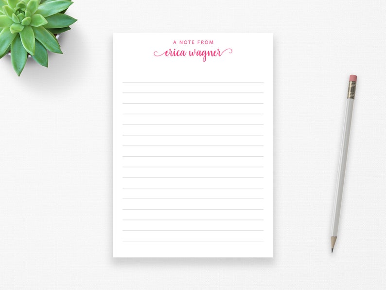 Personalized A Note From Notepad with your custom name or text printed in a calligraphy font featuring leading and ending swashes in the color and size of your choice by The Monogram Line