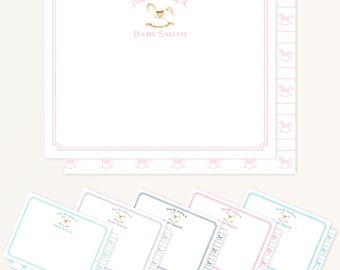 Tarjetas de agradecimiento con diseño de caballito mecedora para la habitación del bebé (notas personalizadas para baby shower)