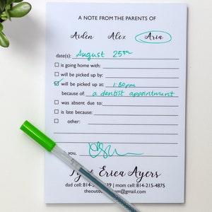 School Excuse Notepad, A Note From the Parents of, Note to School Note Pad, Personalized Note for School Excuse or Absence Paper Pad