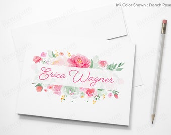 Personalized Note Cards, Pink Peony Stationery, Floral Note Card Set A2, Peony and Rose Floral Cards + Elegant Calligraphy Script