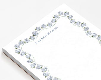 Personalized Hydrangea Notepad, Blue Floral Wavy Border Stationery, Custom Garden Hostess Gift for Her