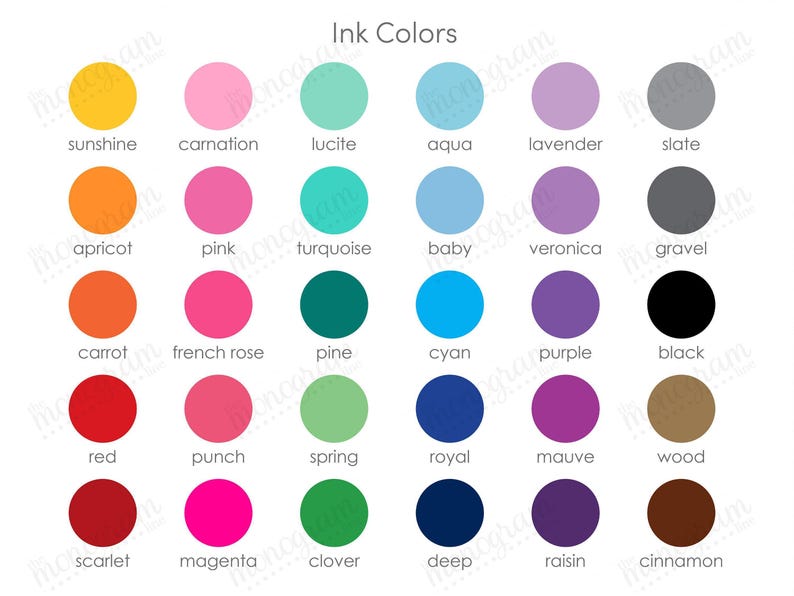 a collection of 24 different ink colors, each with a unique color name, arranged in a grid format.