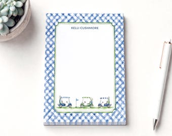 Personalized Golf Instructor Notepad Blue Gingham Golf Carts Stationery, Coach Golfer Gift for Her