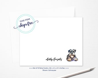 Schnauzer Dog Flat Note Cards - 4.25 x 5.5 Inches, Personalized Pet Stationary Set - Custom Name Greeting Cards - Set of Notecards