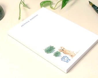 Bloc de notas personalizado para perros, bloc de escritorio estilo chinoiserie preppy, papelería personalizada con razas de mascotas, bloc de notas Grandmillennial Ginger Jar, regalo para amantes de los perros