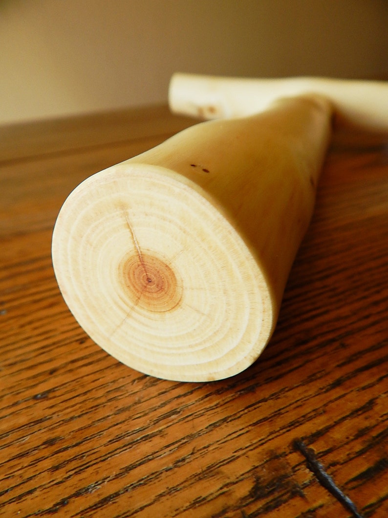 Puede incluir: Primer plano de una clavija de madera marr&oacute;n claro con un patr&oacute;n de veta visible y un nudo marr&oacute;n claro en el centro.
