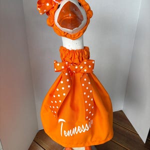 May include: A decorative goose figurine wearing an orange dress and matching bonnet, both featuring a white polka dot pattern. The dress has a gathered neckline with a large bow and the word Tennessee printed in white script on the front.